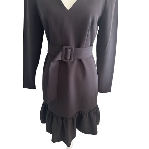 MILLY Belted Black Cocktail Ruffle Trim Dress Size 4 - Picture 3 of 6